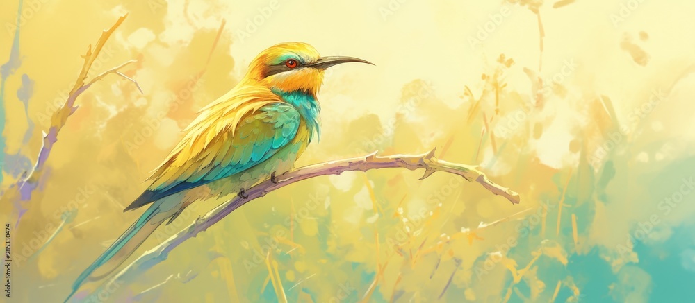 Poster bee eater perched on a branch merops apiaster shallow depth of field with a blurred background