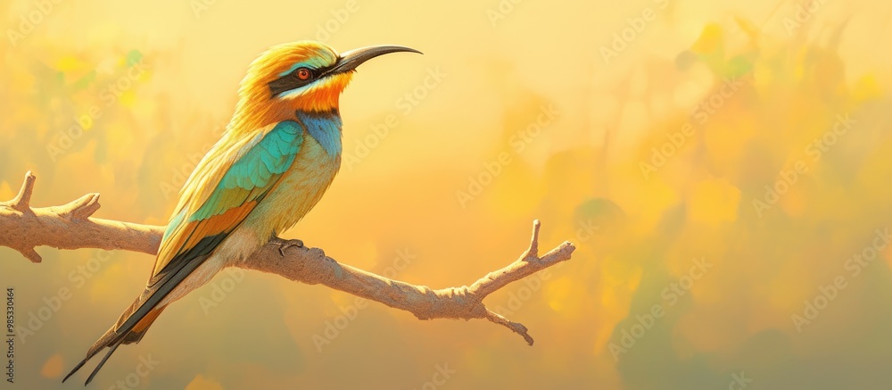 Poster bee eater perched on a branch merops apiaster shallow depth of field with a blurred background