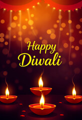 Happy Diwali greeting card with glowing diyas and bokeh lights on dark background. illustration for Indian festival of lights celebration.