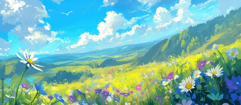 Wall mural Artistic depiction of vibrant wildflowers and stunning horizons