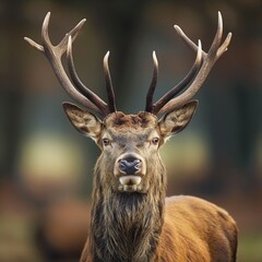 Red deer stag with impressive antlers against blurred background. Close-up of stag head with prominent horns. Brown fur, sharp eyes, and majestic antlers. Wild animal portrait.
