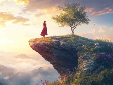 Fantasy landscape featuring a woman poised on a levitating rock created in a digital art illustration style