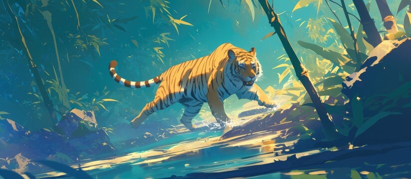 Painting of a young tiger in a stealthy hunting pose