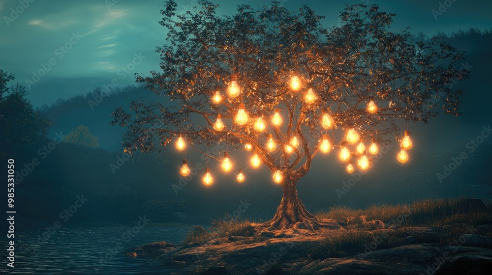 Aufkleber surreal digital art featuring a tree adorned with light bulbs representing knowledge and creativity 