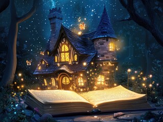 Naklejka premium Open book featuring a fairy adventure story for children showcasing a 2D cartoon magic illustration of a medieval wizard s house at night complete with sparkling elements and a fairy tale theme