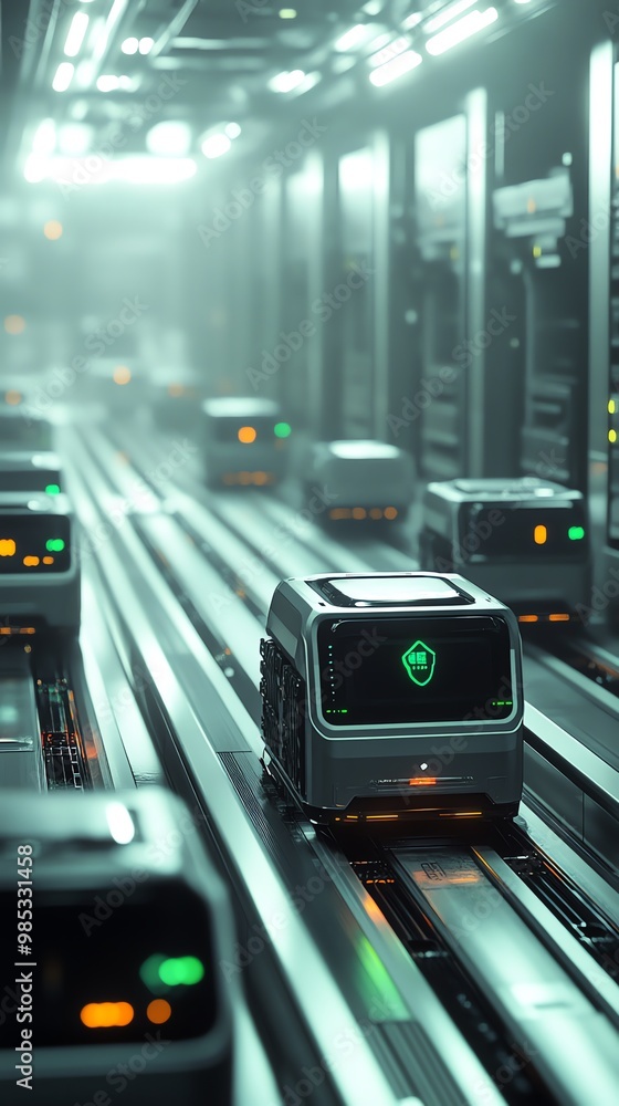 Poster futuristic data storage devices on a conveyor belt in a server room.
