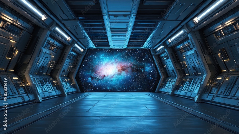 Poster futuristic sci fi corridor featuring a view of a galaxy in a 3d rendering