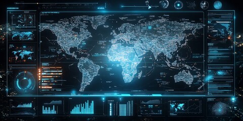 Futuristic digital interface showing a world map, charts, and graphs.