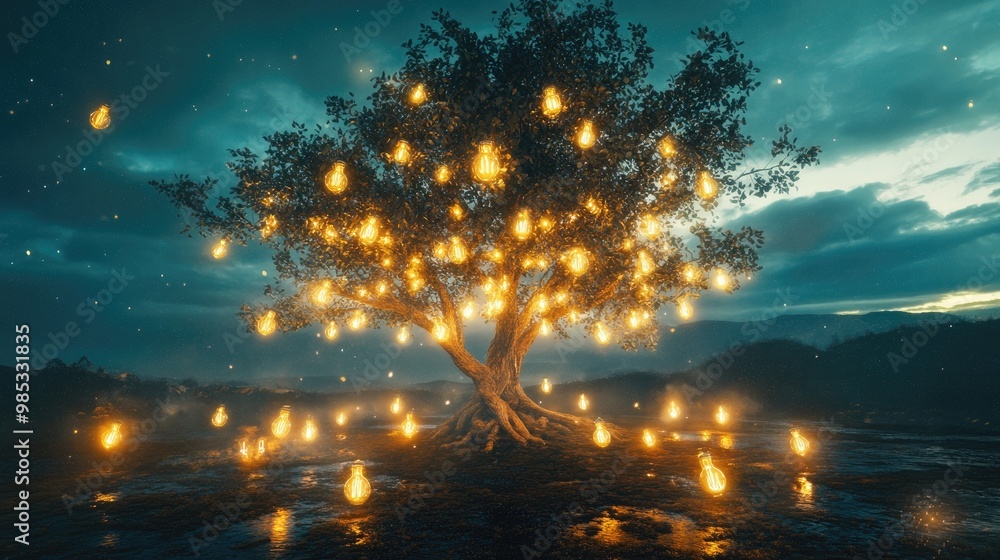 Aufkleber surreal digital art featuring a tree adorned with light bulbs representing knowledge and creativity 