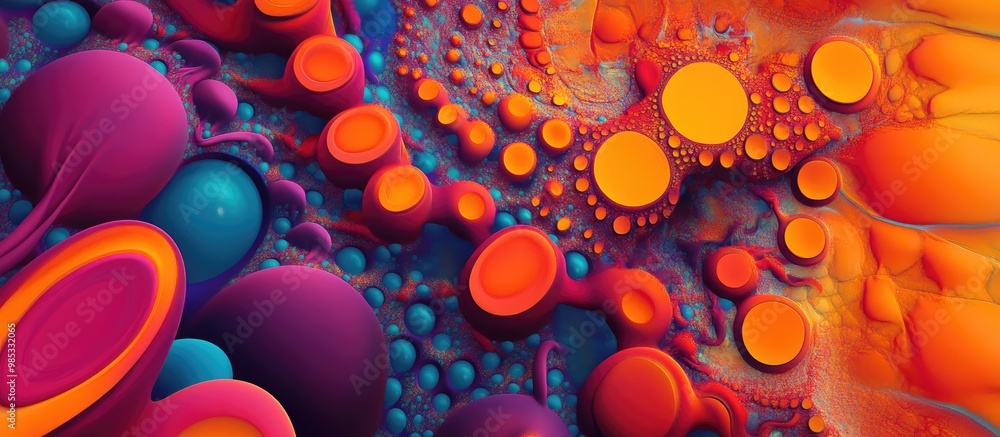 Poster abstract psychedelic artwork featuring a 3d rendered background in a vibrant and colorful design