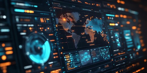Obraz premium Futuristic digital interface with a world map in the center and various data visualizations on the screen.