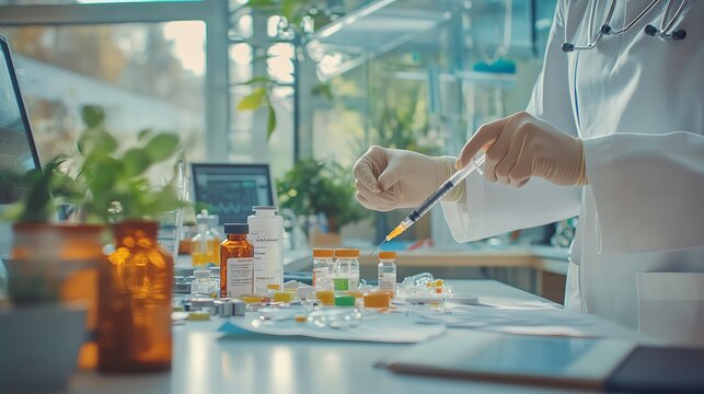 Doctor filling syringe with medicine in lab