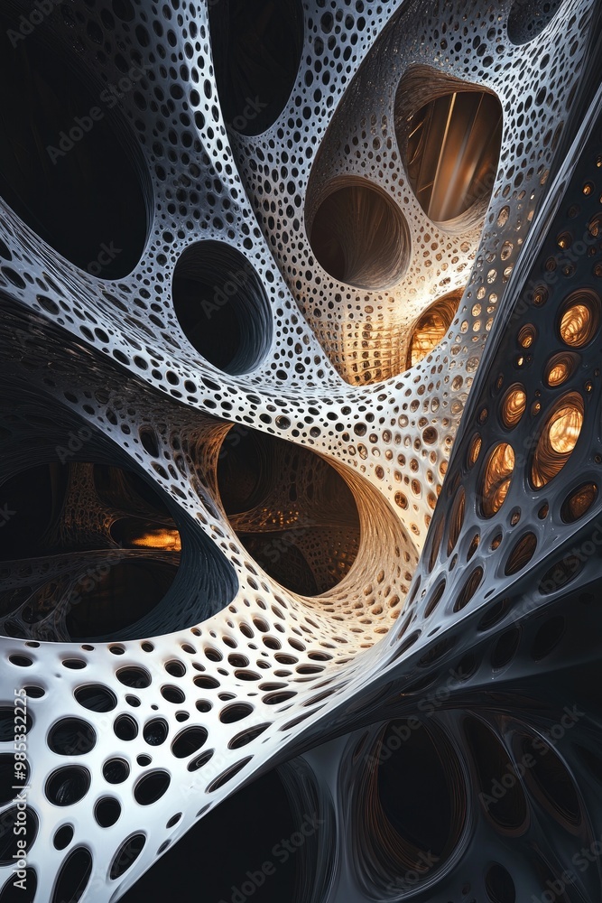 Poster abstract three dimensional fractal resembling an unusual metal structure against a dark backdrop