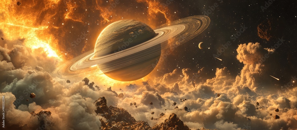 Poster surreal 3d rendering of saturn and its moon titan featuring clouds stars the orion nebula and meteor