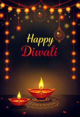 Happy Diwali greeting card poster copy space with oil lamp festival of lights background