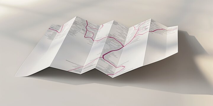 Close-up of folded paper map with blank page. Isolated 3D mockup with shadow. Realistic rendering of empty geography guide. Cartography concept for navigation and location.