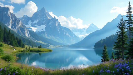 Fototapeta premium A serene mountain landscape under a clear blue sky, showcasing towering peaks and peaceful valleys. The vibrant natural scene offers a sense of calm and breathtaking beauty.