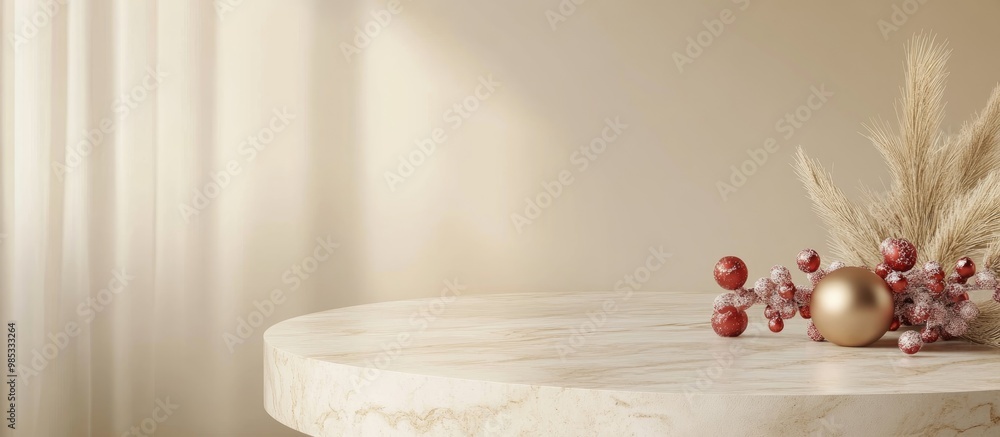 Poster background of empty round marble table with festive decorations