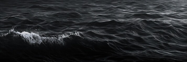 Black water sea wave crashes against shore. Dark, turbulent, and powerful, the wave creates a striking pattern. Close-up of water texture, with light reflecting off the surface.