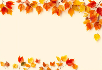 Autumn leaves border frame copy space on a beige background