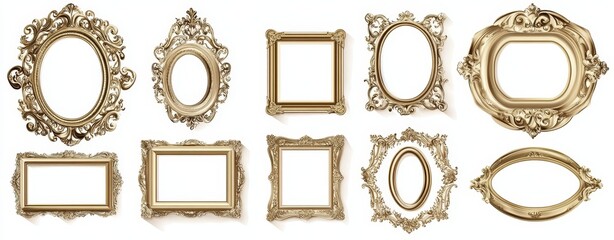 Obraz premium Nine ornate golden frames isolated on a white background.