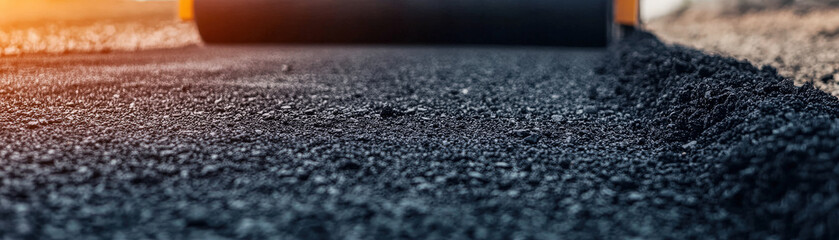 image showcases close up view of freshly laid asphalt on urban road, highlighting texture and detail of surface being prepared for use. scene conveys sense of progress and development in