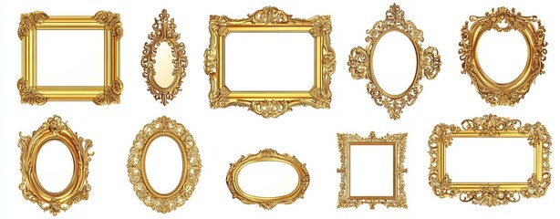 Obraz premium Set of eight ornate gold picture frames isolated on white background.