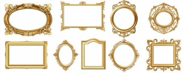 Obraz premium Eight ornate, empty, golden frames isolated on white background.