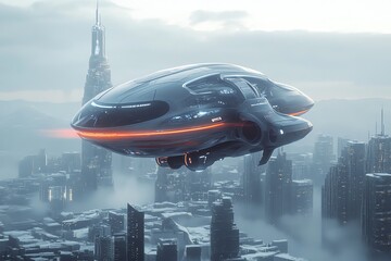 Futuristic spaceship flying over a futuristic city with fog.