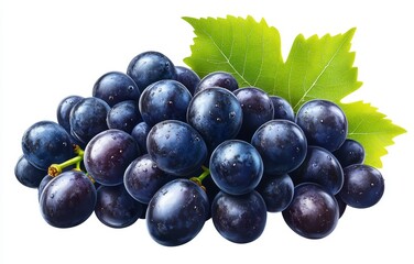 A bunch of ripe, dark blue grapes with dew drops and a fresh green leaf, isolated on a white background.
