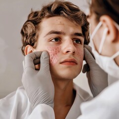 Dermatologist examining teenage patient's facial acne in a medical checkup, focusing on skin health and treatment options in a clinical setting.