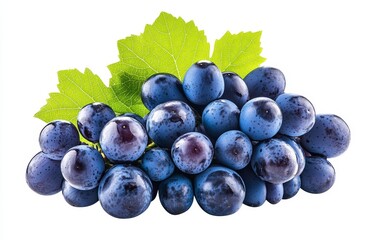 Close-up of a bunch of ripe blue grapes with a green leaf on a white background.