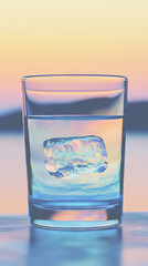 A single ice cube floats in a glass of water, reflecting the colorful sunset.