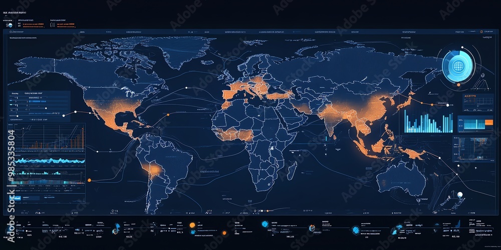 Poster Futuristic world map with data visualizations, showing global connections and statistics.