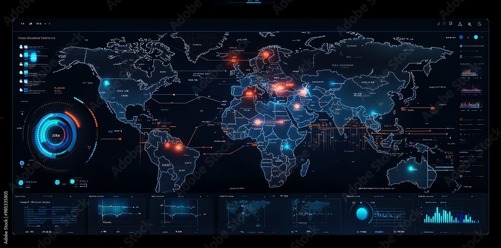 Poster Futuristic world map with data, stats, charts and graphs on a digital screen.
