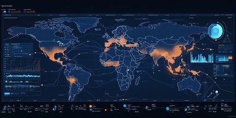 Futuristic world map with data visualizations, showing global connections and statistics.