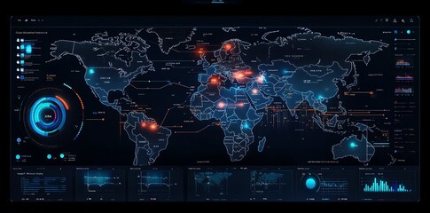 Futuristic world map with data, stats, charts and graphs on a digital screen.
