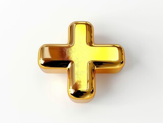 Obraz premium Glossy gold plus on white background. Three-dimensional design element with metallic shine, flat shadow. Positive icon for connection, help, aid, emergency. Digital illustration for marketing,