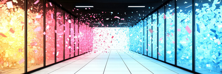 A futuristic corridor with glass walls filled with colorful confetti.