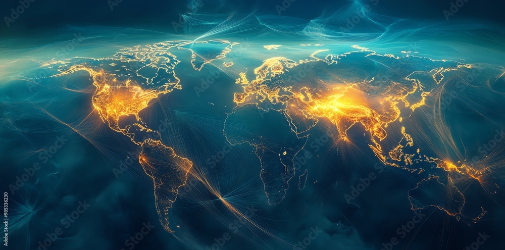 Aufkleber Global network map with continents outlined in glowing lines against a blue background.
