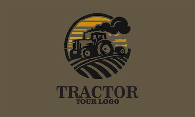 Black tractor in field at sunset with text tractor for logo use. Perfect for agricultural businesses or farmrelated branding, vektor and background