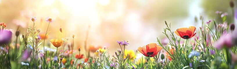 A close-up of a poppy flower in a field of wildflowers.