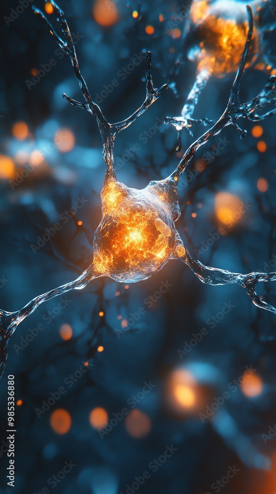 Poster Glowing neuron with branching dendrites and axons, concept for brain activity and neural communication.
