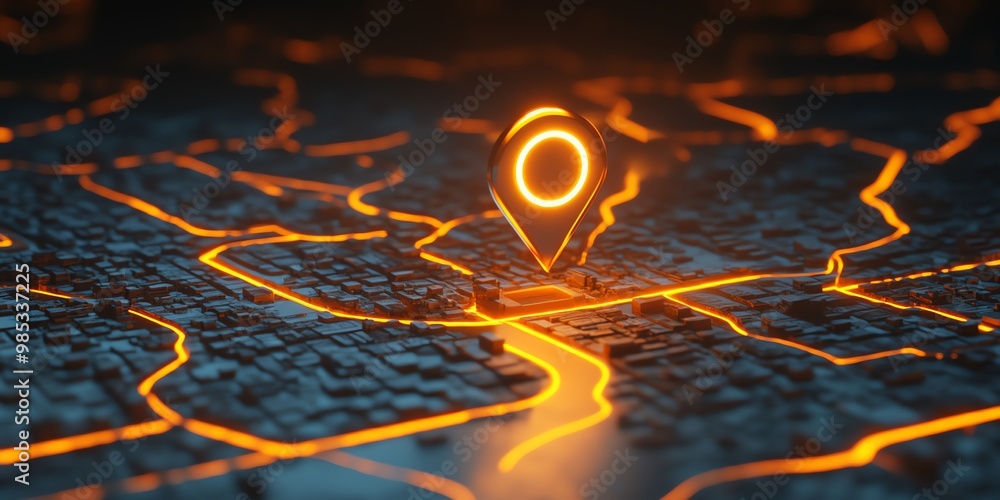 Poster glowing pin on a futuristic city map with illuminated streets.