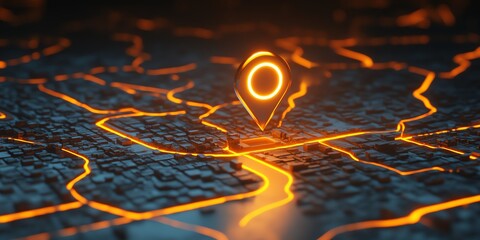 Glowing pin on a futuristic city map with illuminated streets.