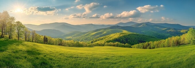 Lush green hills with a blue sky and white clouds.