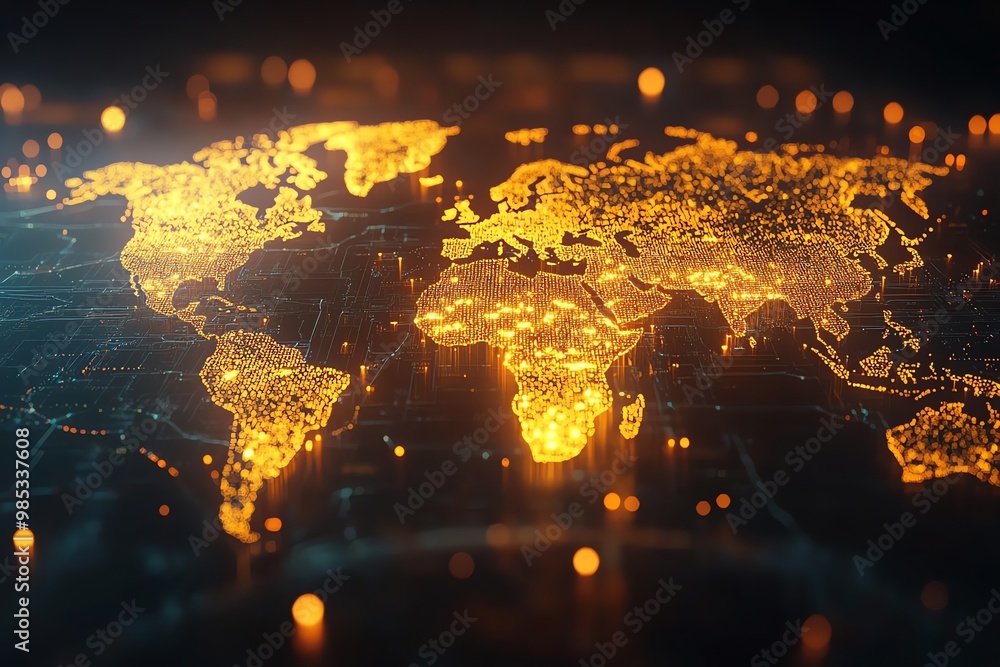 Poster glowing world map with intricate network.