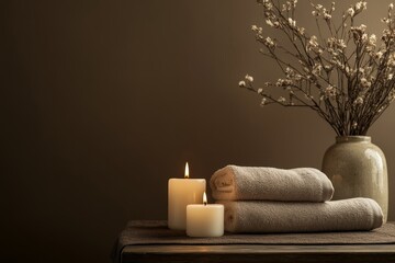 Two lit candles on a wooden table next to a stack of towels and a vase with dried flowers.