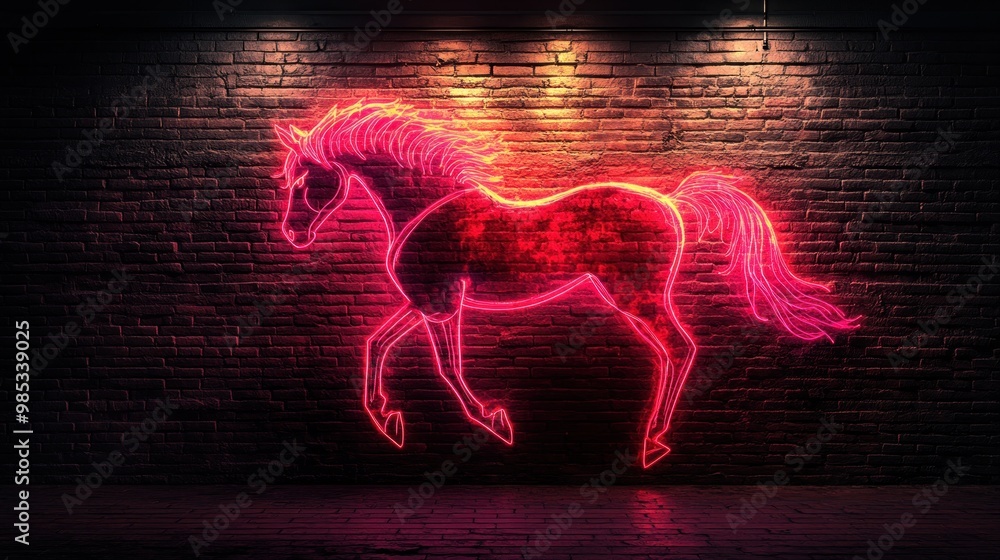 Sticker Neon Horse Silhouette on Brick Wall