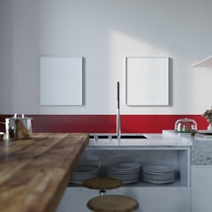 cozy home interior background, modern minimalist style kitchen with mockup poster, 3d render	